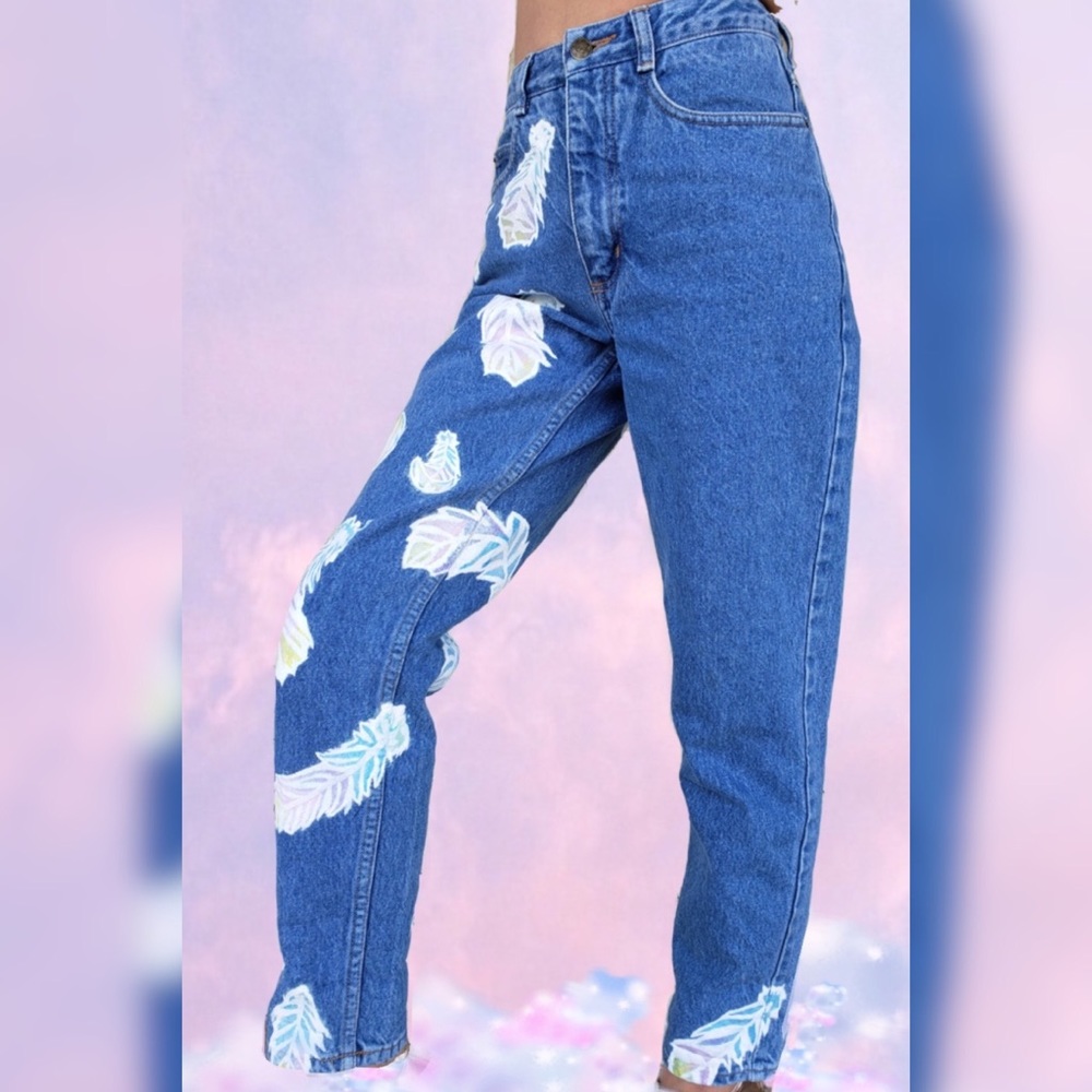 High Waist Hand Painted Jeans Grunge 90s Style - Picture 3 of 8